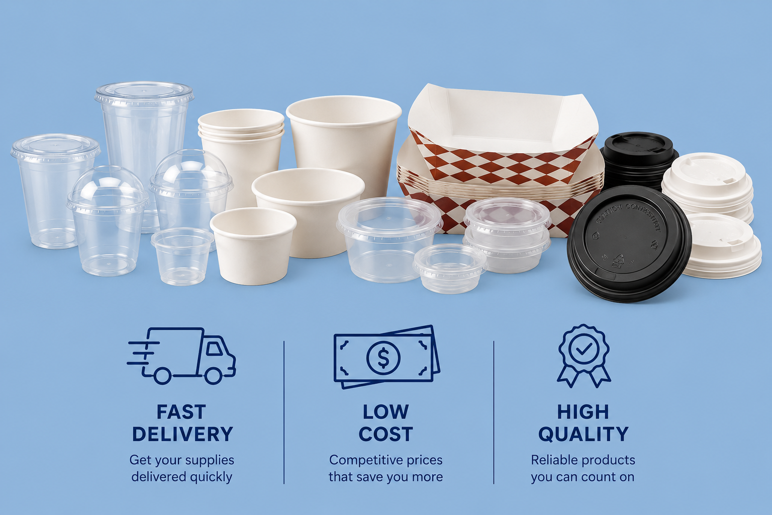 Wholesale food packaging supplies including cups, lids, containers, and takeout packaging.