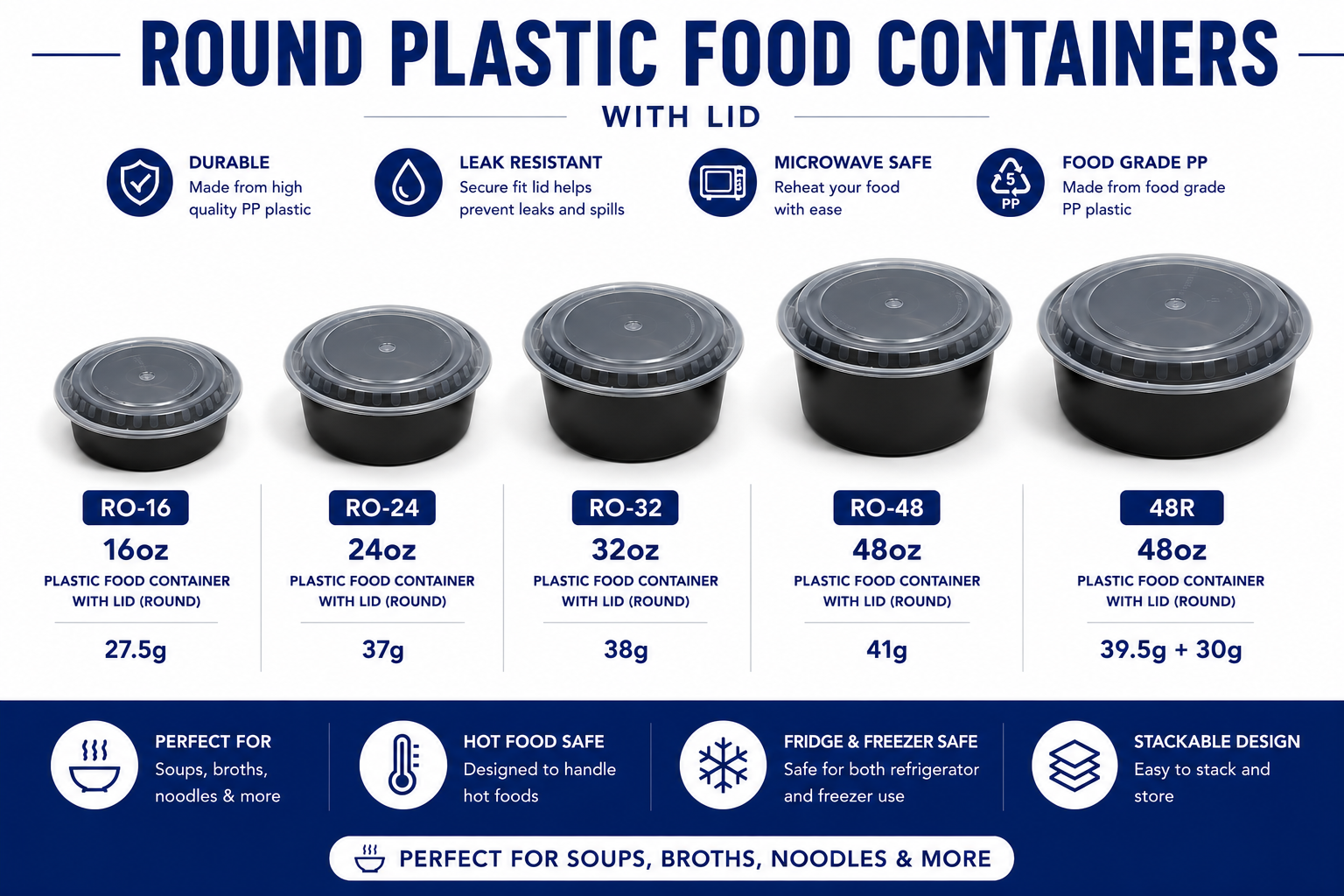 Microwave-safe black PP plastic food containers with clear lids for takeout, meal prep, restaurants, and food delivery.