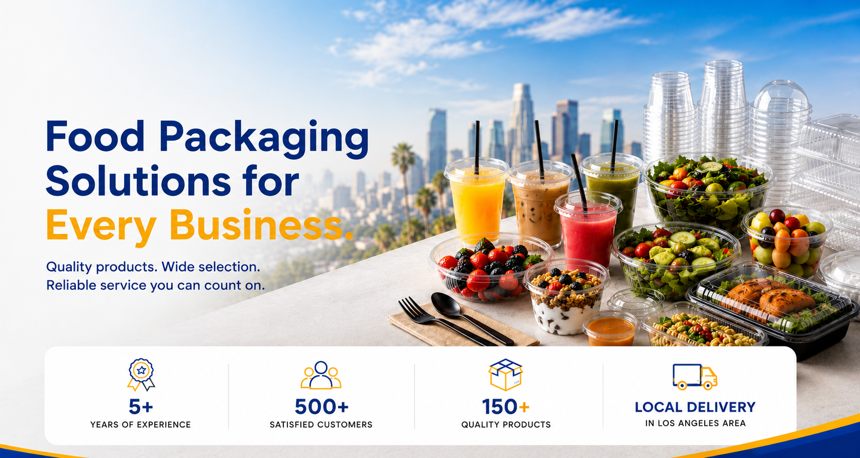 Food packaging products including PET cups, lids, takeout containers, deli containers, and disposable food packaging by Signature Supplies LA.