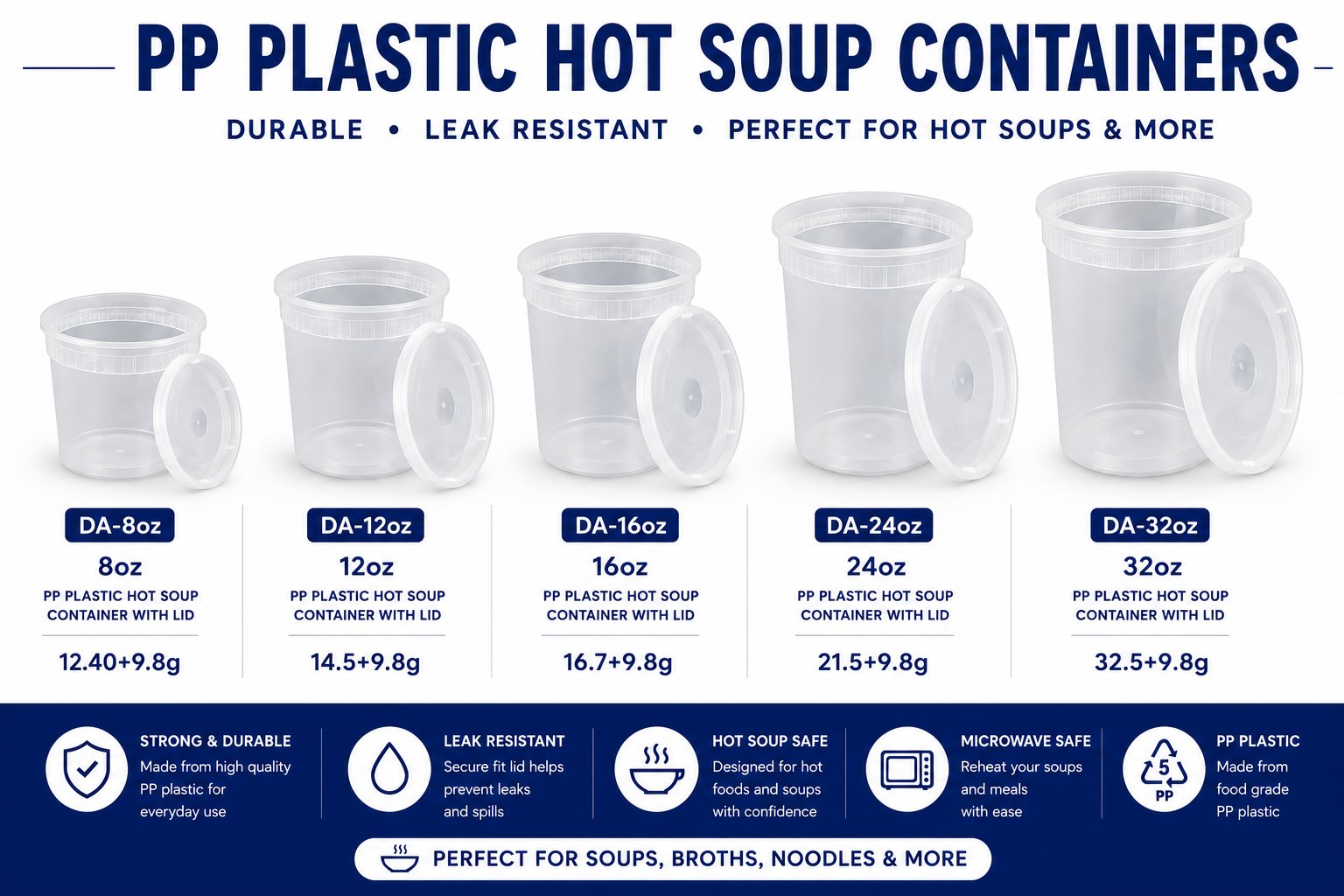 Disposable soup containers with secure lids for hot foods, soups, and takeout restaurants.