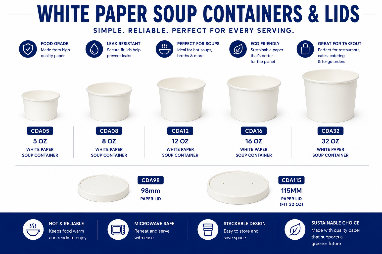 Disposable soup containers with secure lids for hot foods, soups, and takeout restaurants.