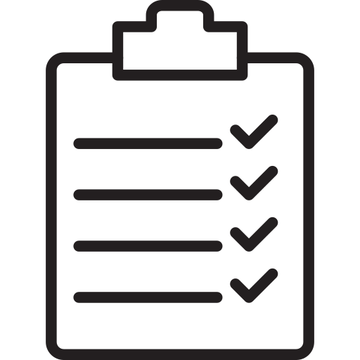 Outline of a clipboard with a checklist of items and checkmarks.