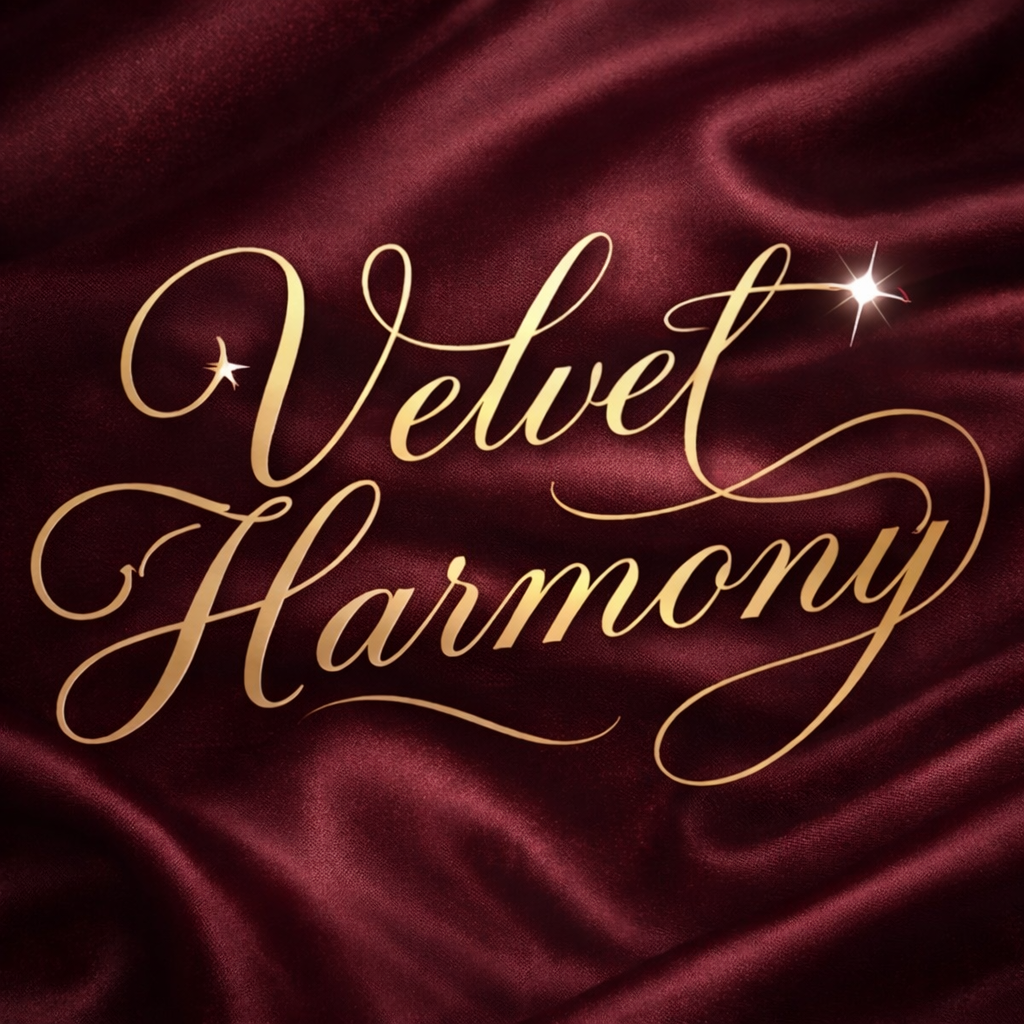 Gold cursive text reading "Velvet Harmony" on a dark red velvet fabric background.