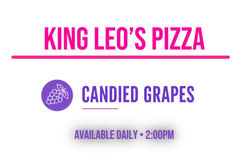 A digital sign or display advertisement for candied grapes, indicating they are available daily at 2:00 PM.