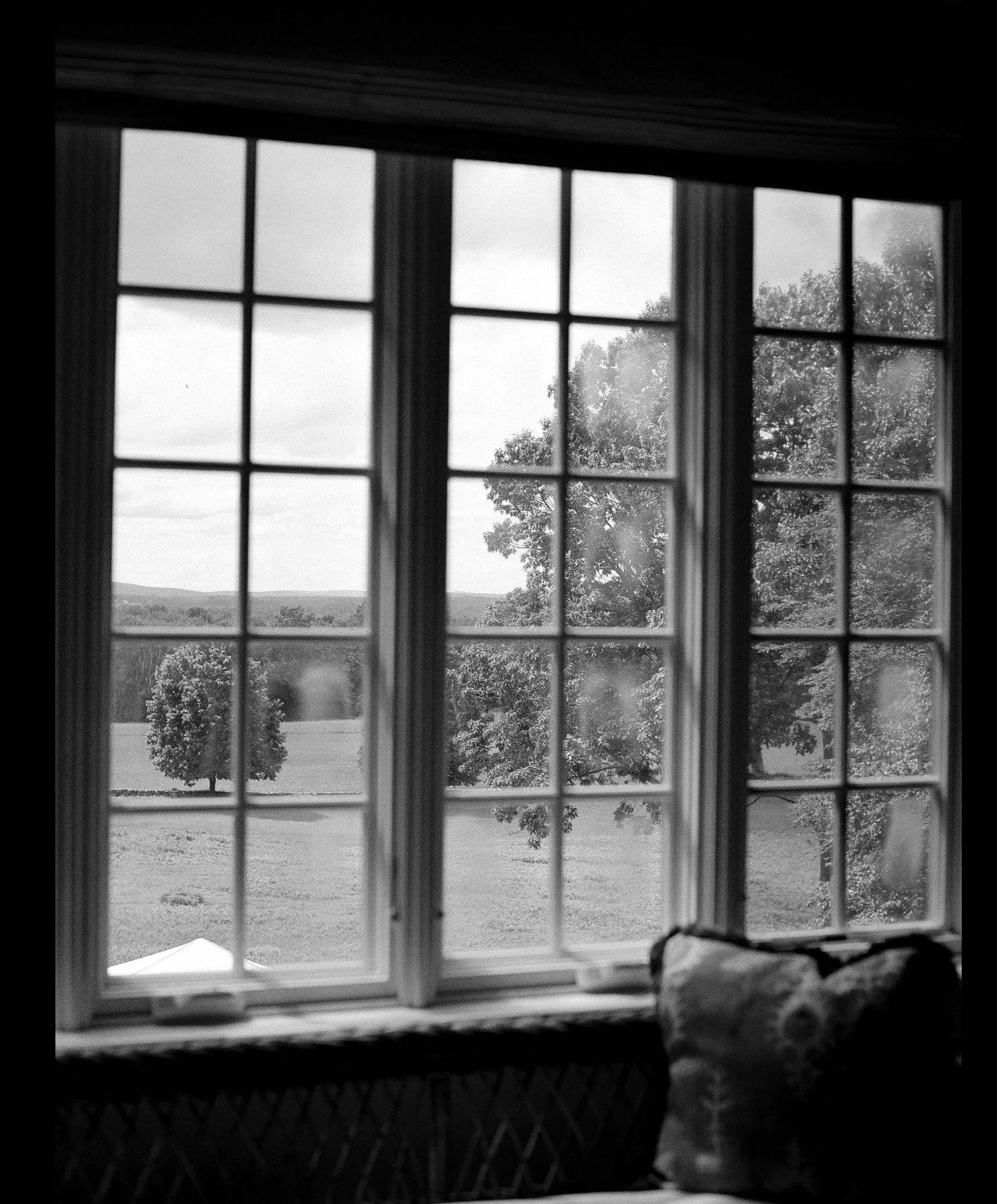 Black and white photo of a window with multiple panes, showing trees and a cloudy sky outside.