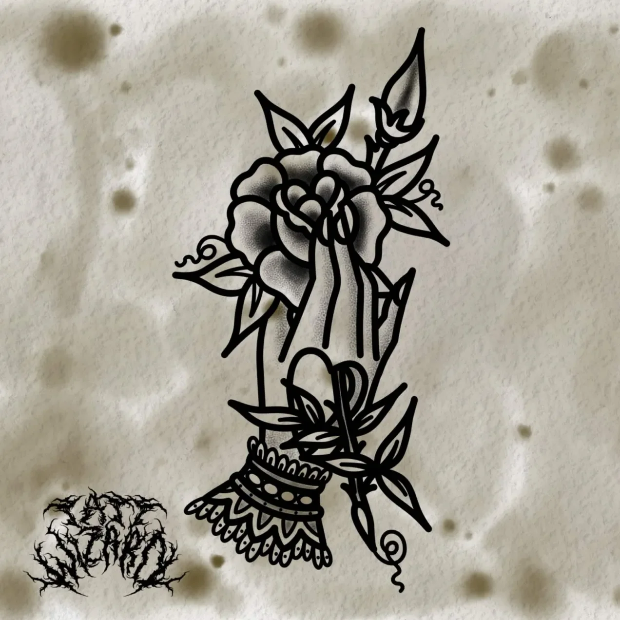 Black tattoo-style line art of a hand holding a rose with leaves, surrounded by smaller floral elements, on a textured background with brown spots.