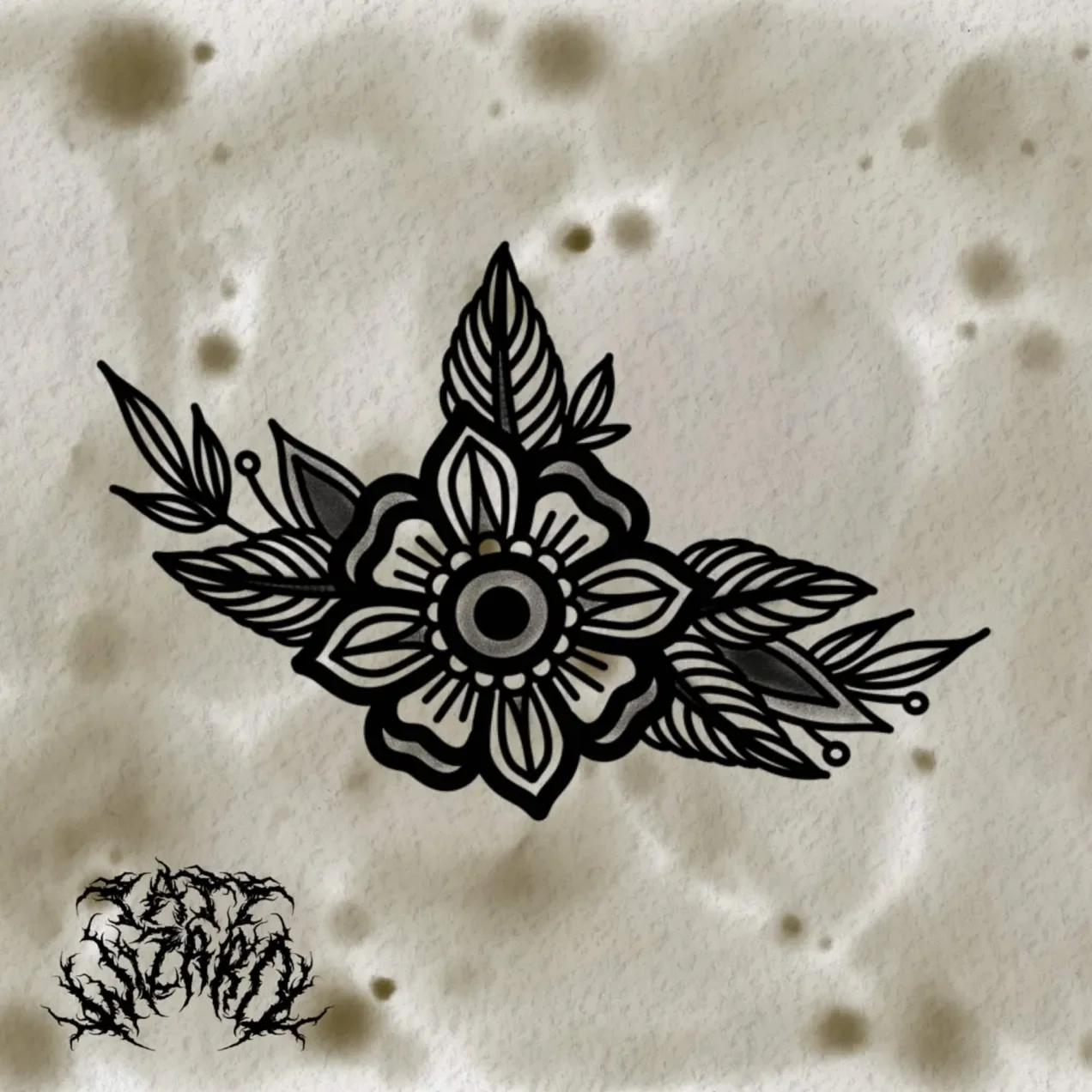 Black outline floral tattoo design on a beige background with some dark spots and a small black root-like illustration in the bottom left corner.