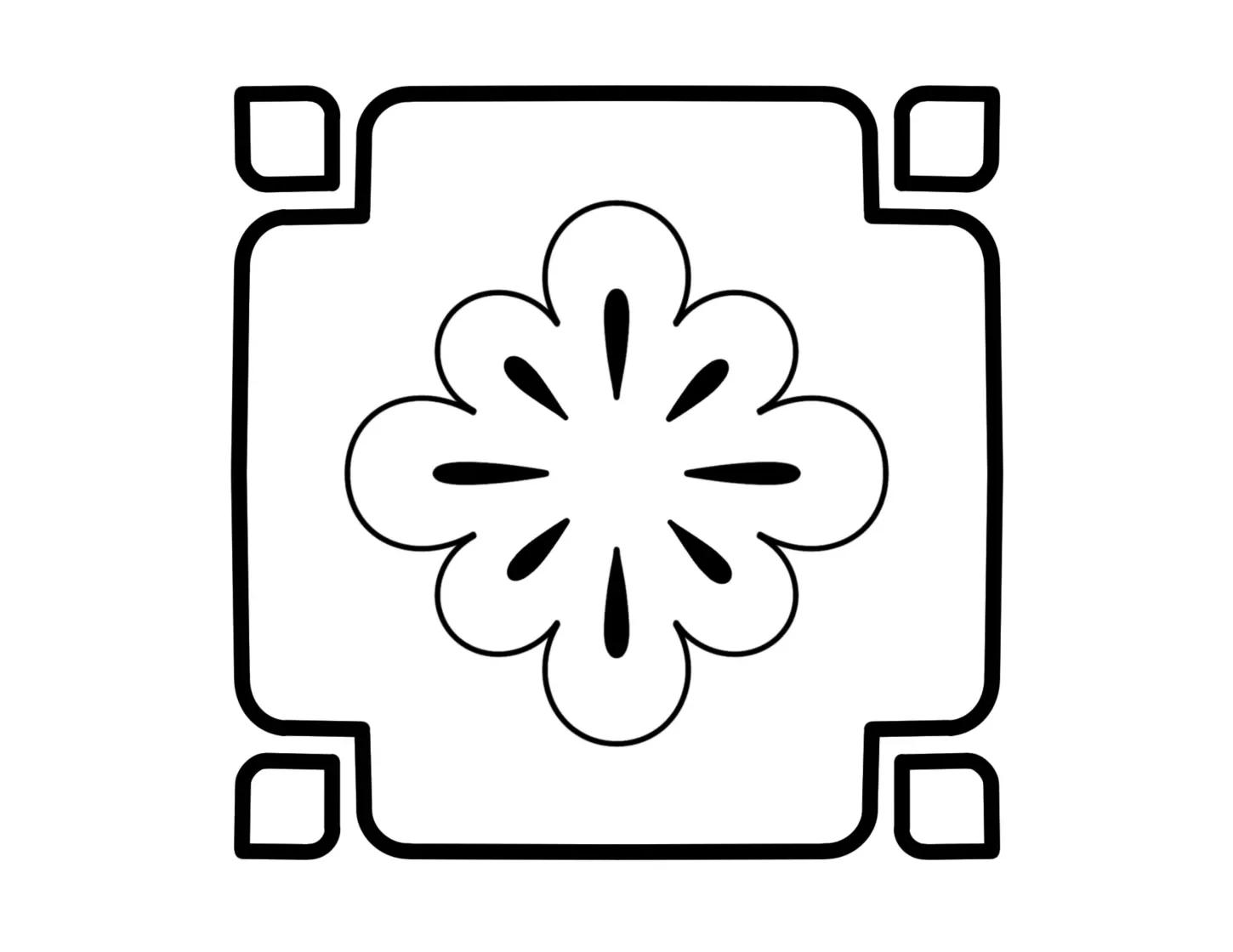 Black and white line drawing of a decorative tile pattern with a central flower motif surrounded by a square border with rounded corners.