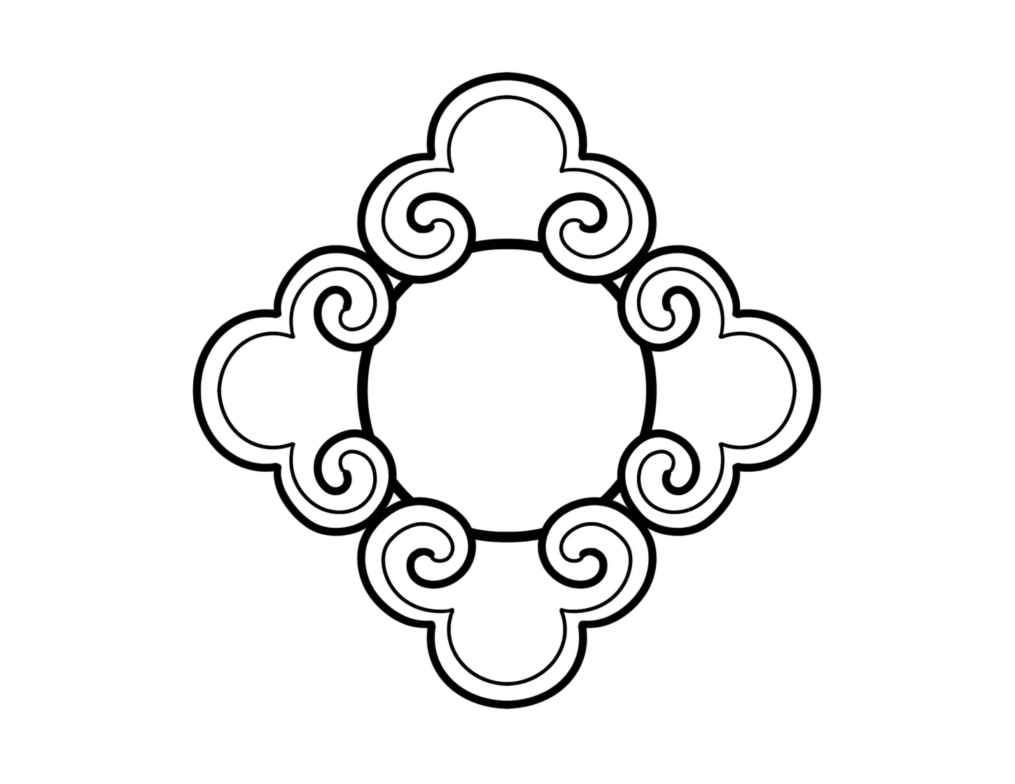 Black and white line drawing of a decorative circular pattern with swirling cloud-like designs.