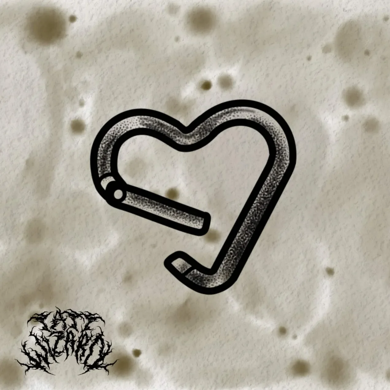 A drawing of a safety pin in the shape of a heart on a white, splattered background with a black tree illustration in the bottom left corner.