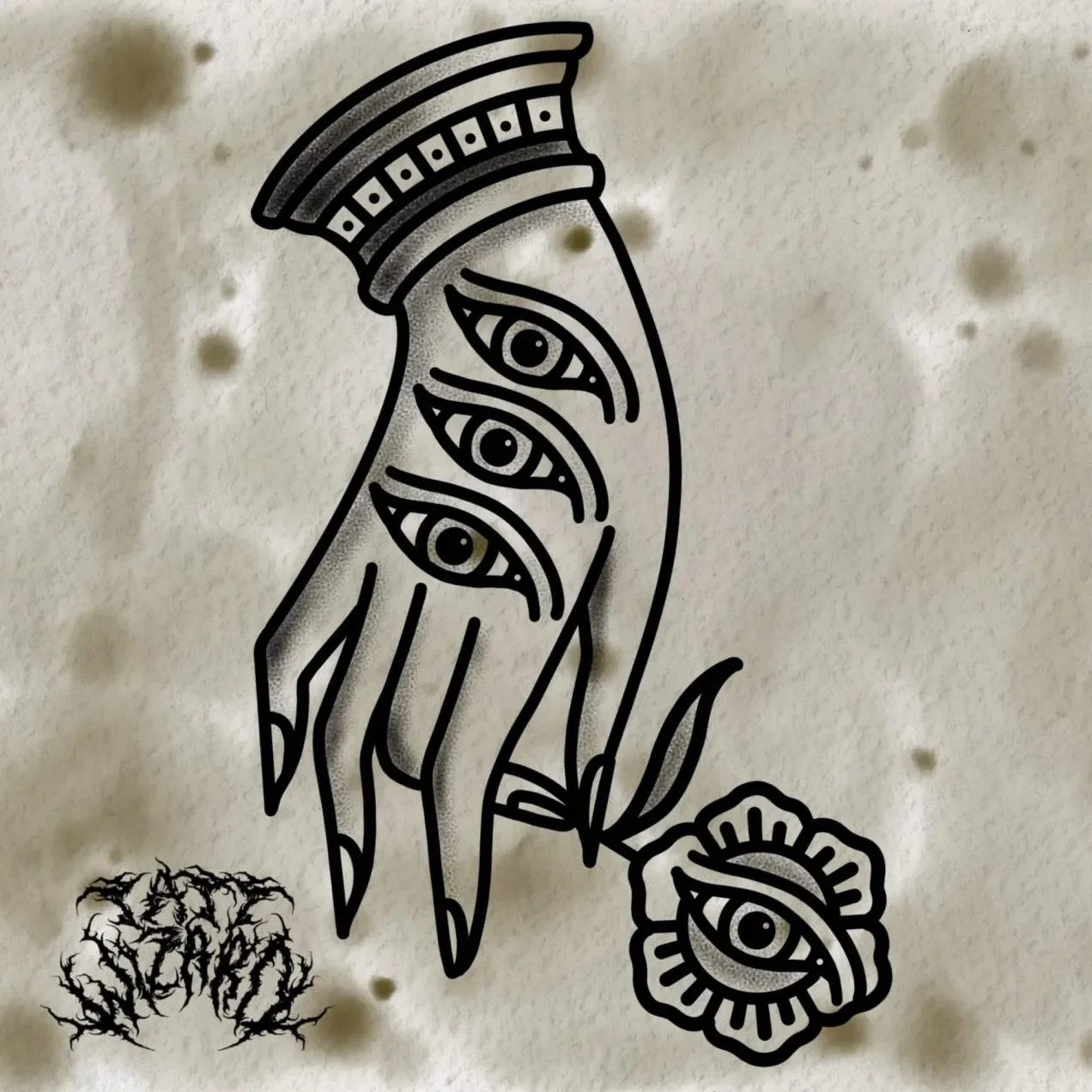 Black line drawing of a stylized eye with a crown on top and three eyeball shapes inside it, along with a flower and a smaller mass of tangled lines beneath it, on a parchment-like background with dark spots.