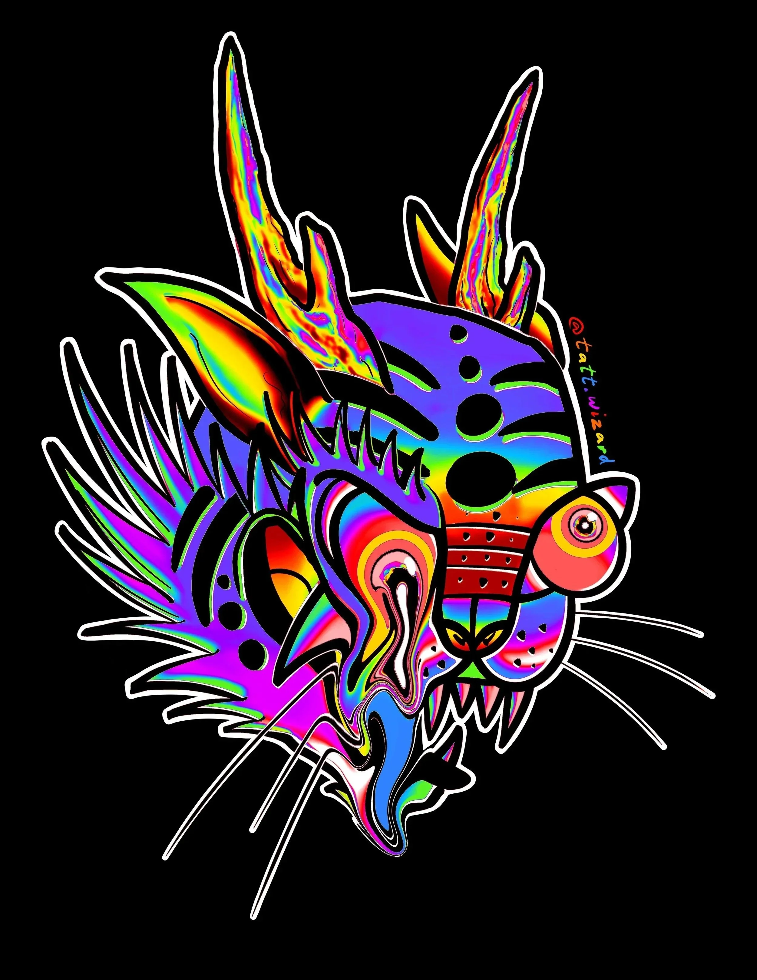 Colorful, abstract digital illustration of a feline skull with elongated, pointed features, surrounded by vibrant, rainbow-colored elements on a black background.
