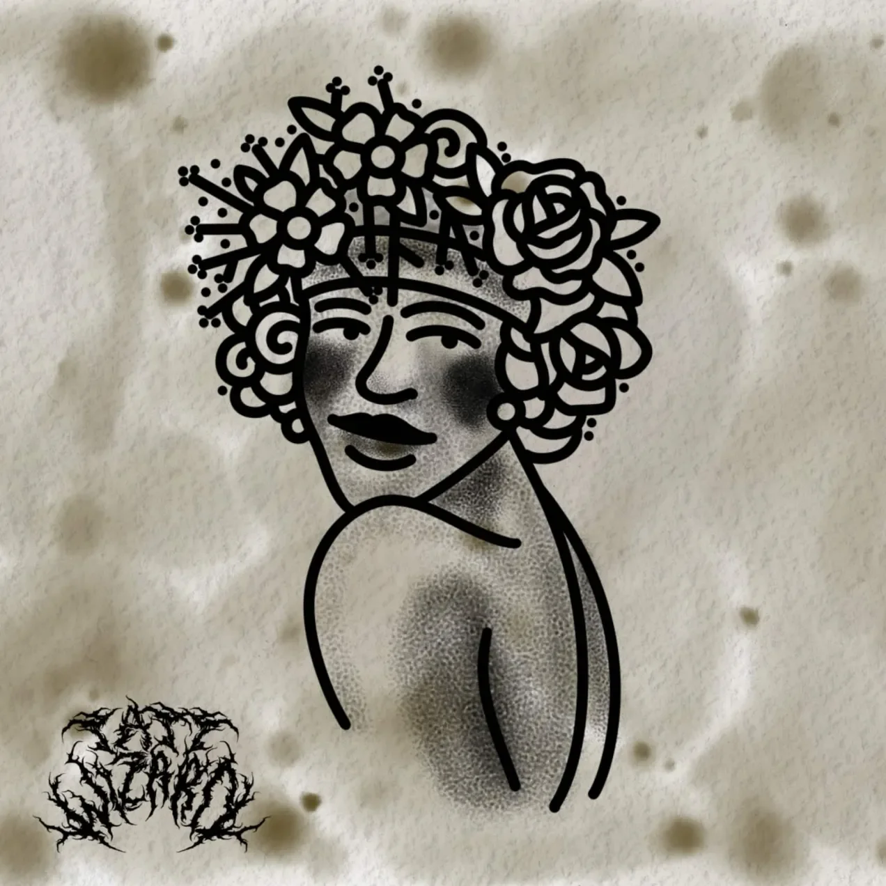 A black line drawing of a person with curly hair adorned with flowers, with a smiling face, set against a textured, stained background with some small dark ink blotches.