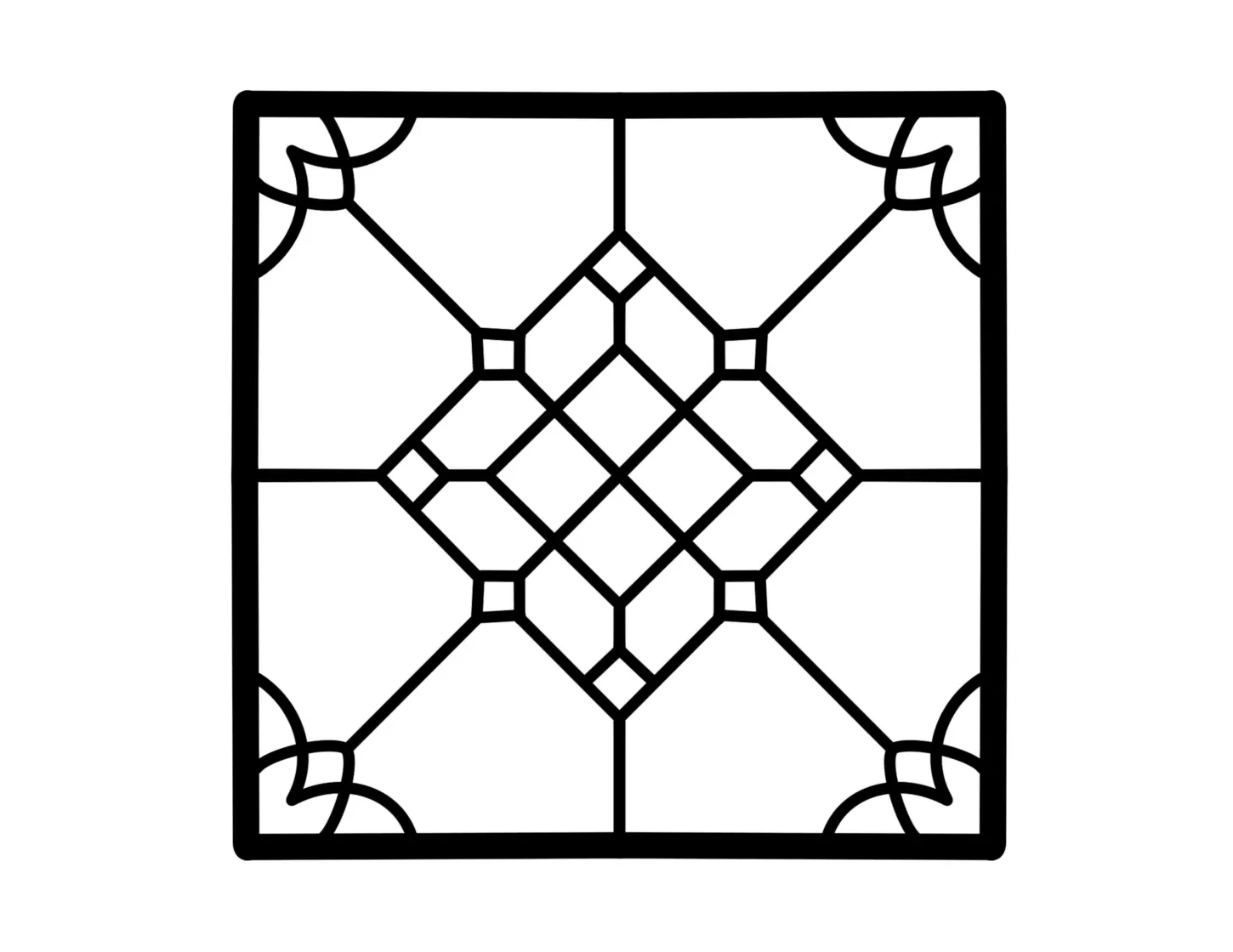 Black and white geometric pattern with squares and diamonds, resembling a decorative stained glass window or tile design.