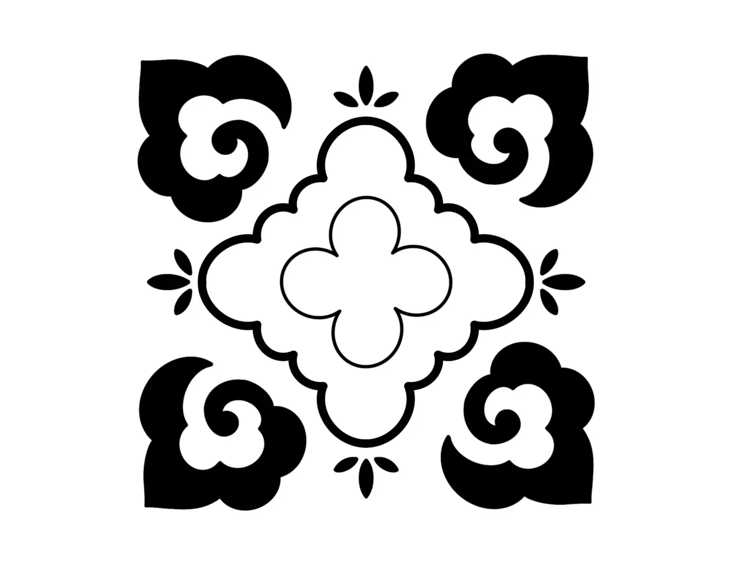 Black and white decorative floral tile pattern.