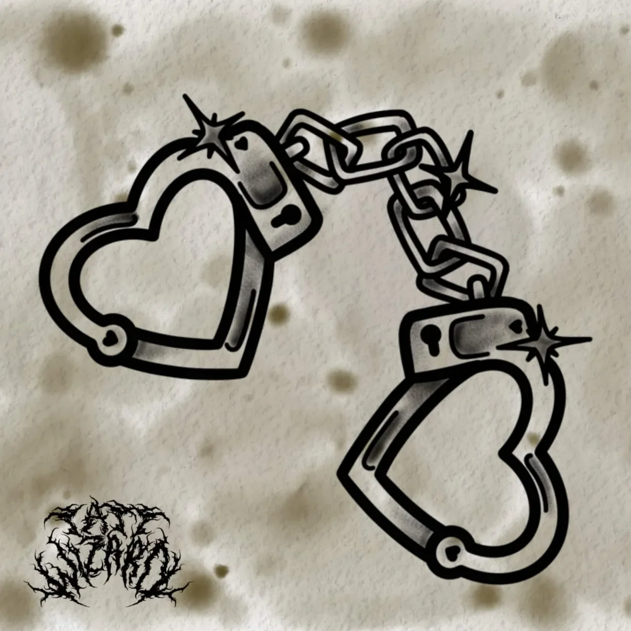 Black line drawing of two heart-shaped padlocks connected by a chain, with sparkle effects, on a beige background with dark spots and a small illustration of a leafless tree in the bottom left corner.