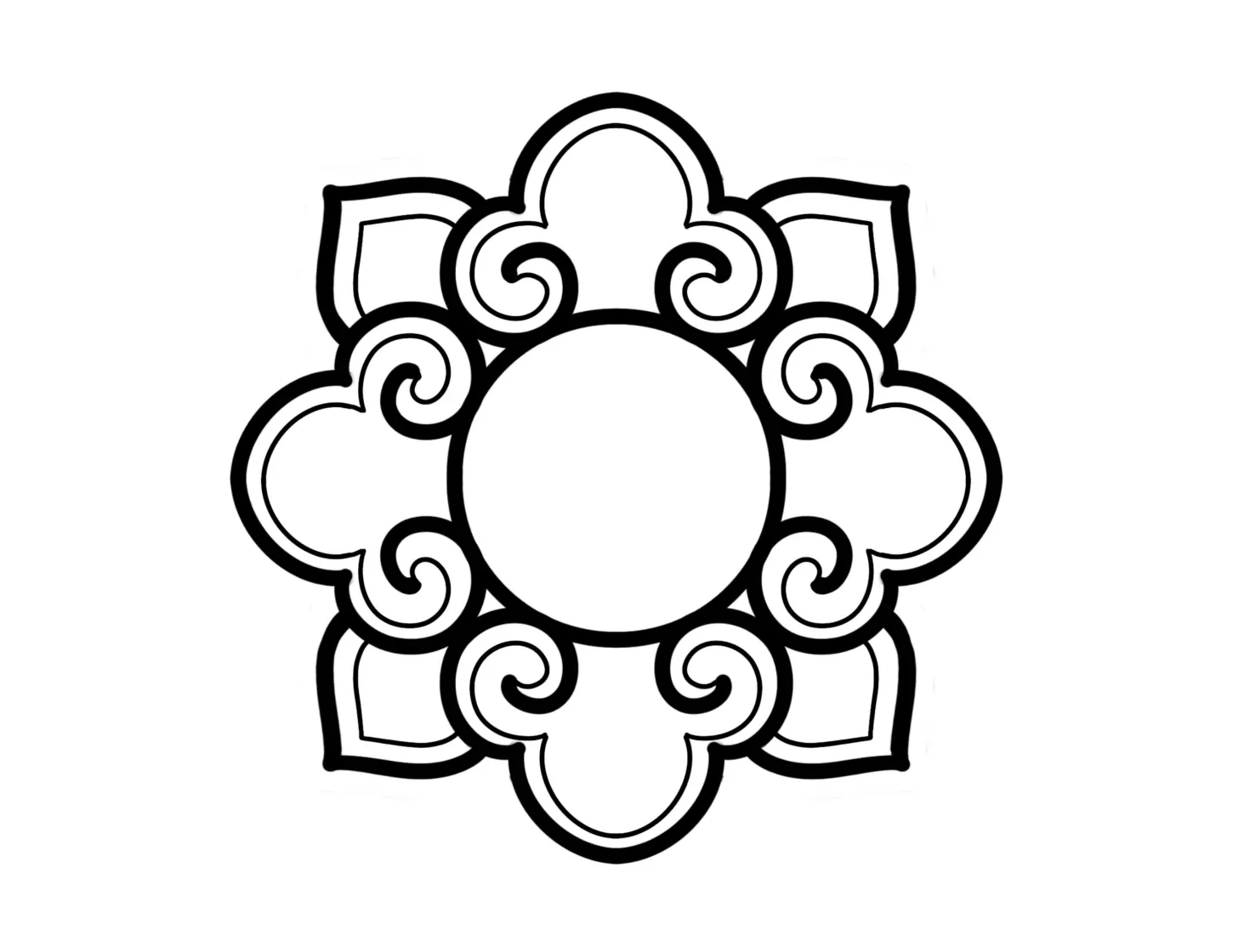 Black and white decorative circular pattern with intricate swirling and floral elements.