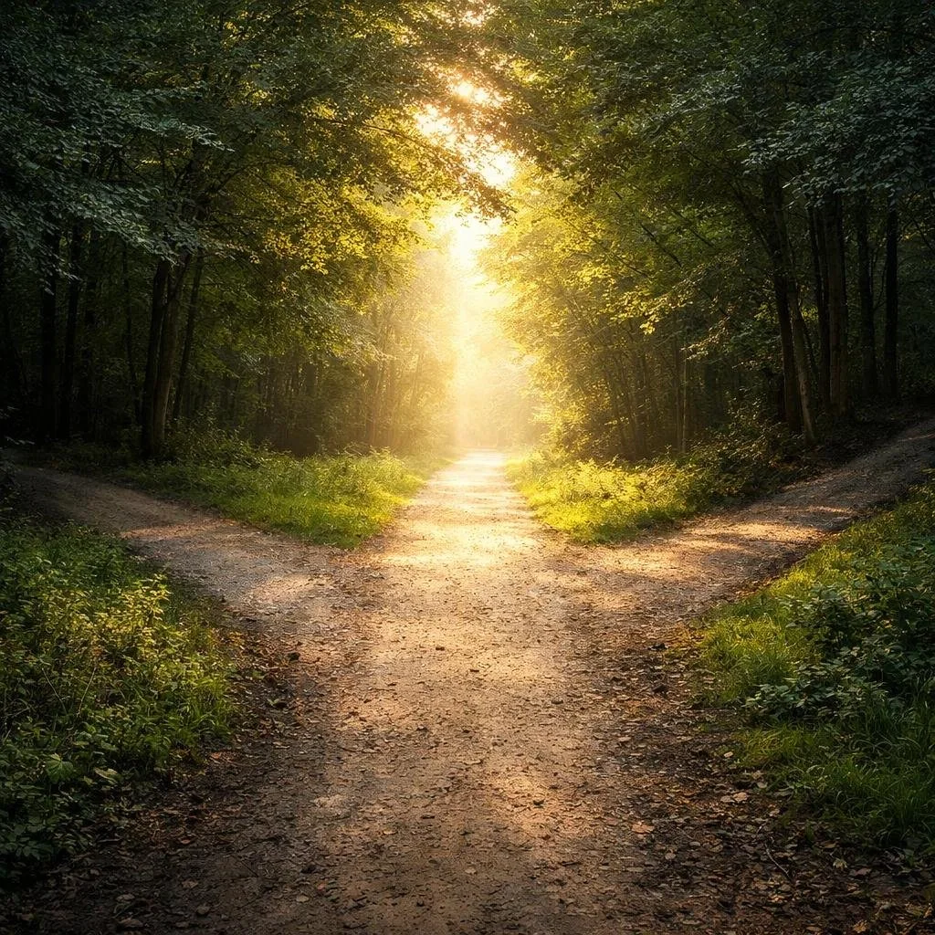 A sunlit forest path divides beneath tall trees as golden light filters through the canopy.