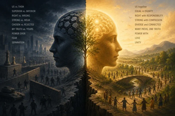 Symbolic artwork contrasting division and unity through two faces, illustrating the journey from fear and separation toward compassion, shared humanity, and awakening.