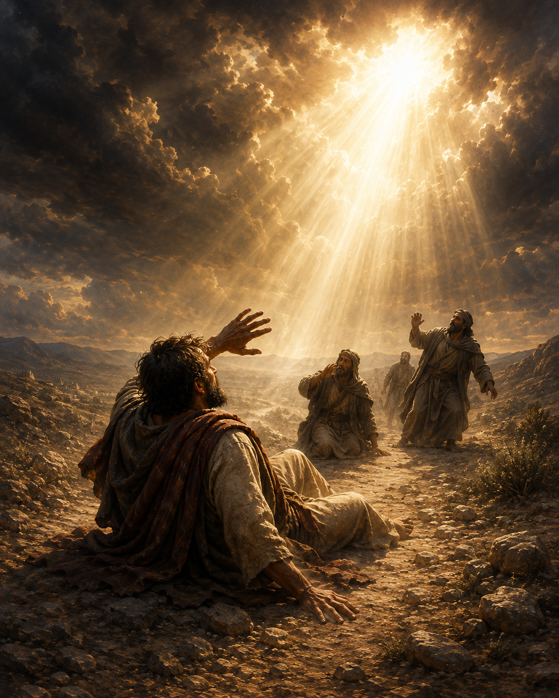 Paul on the road to Damascus shielding his eyes from a brilliant light from the heavens as his companions react behind him.