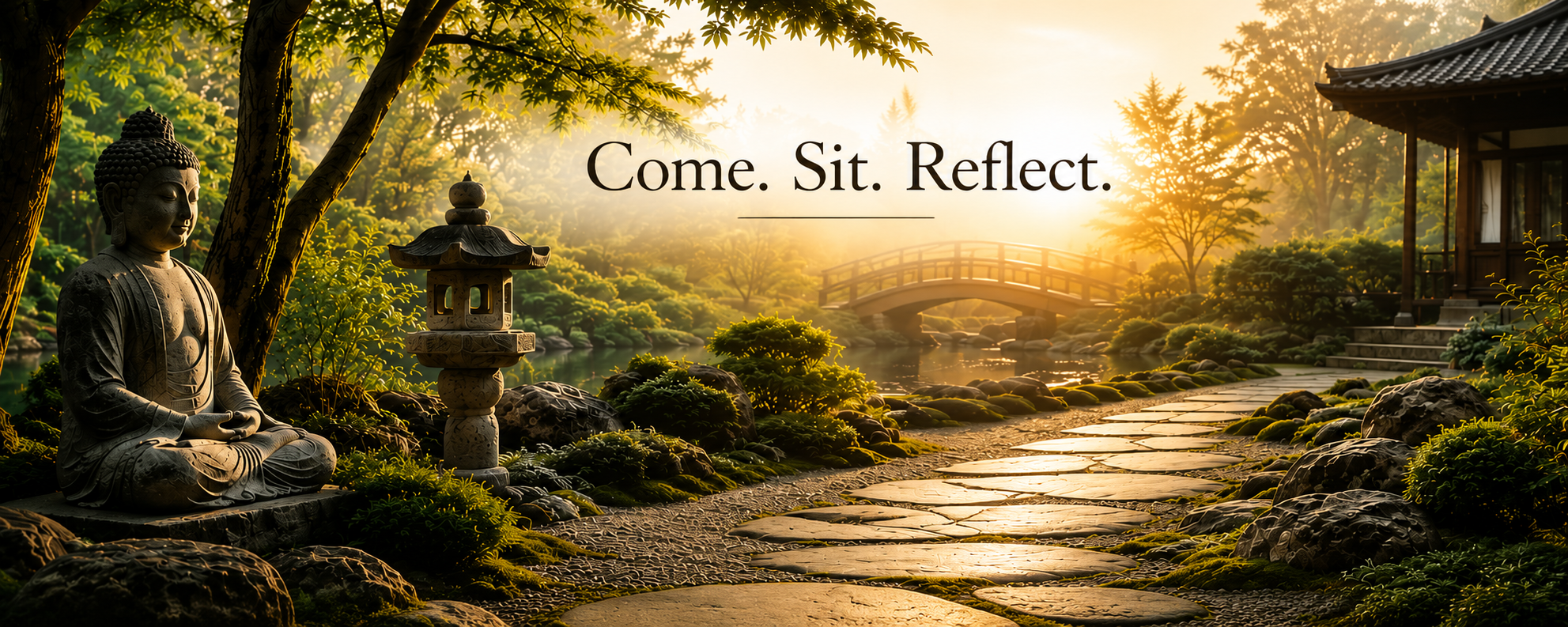 Stone Buddha statue beside a peaceful path leading to a Japanese pagoda at sunset. The image welcomes visitors into a place of quiet reflection and contemplation and introduces the theme of spiritual awakening.