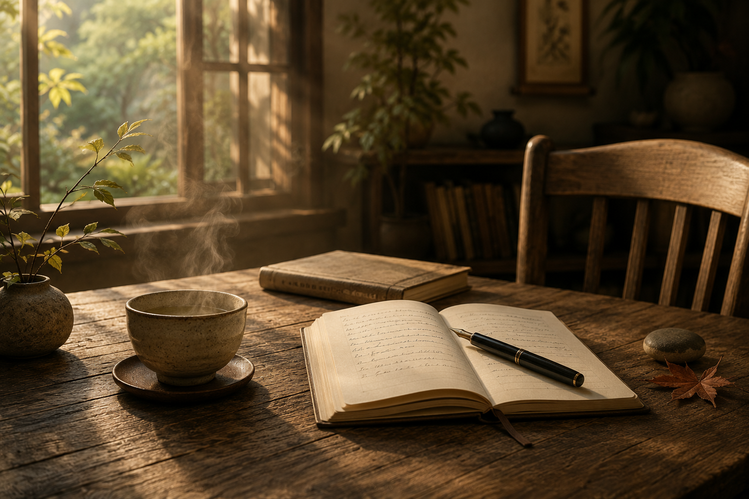 Wooden writing desk with tea, an open book, and a garden view, inviting visitors to continue the journey of reflection.