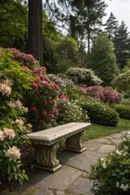 Empty garden bench beside a stone path, inviting quiet conversation, reflection, and shared discovery.