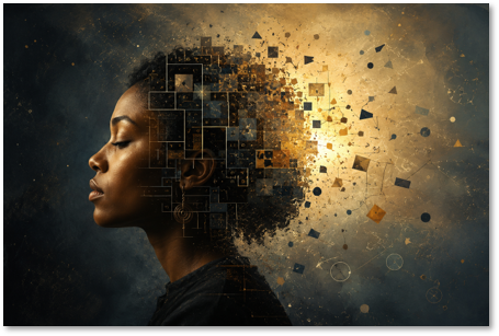 Portrait of a woman surrounded by fragmented geometric forms shifting from disorder toward unity.