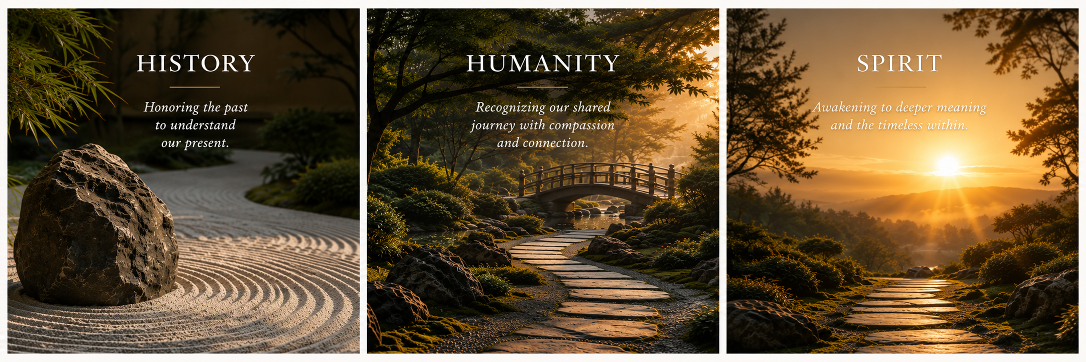 Three symbolic landscapes representing History, Humanity, and Spirit on the path toward deeper understanding.