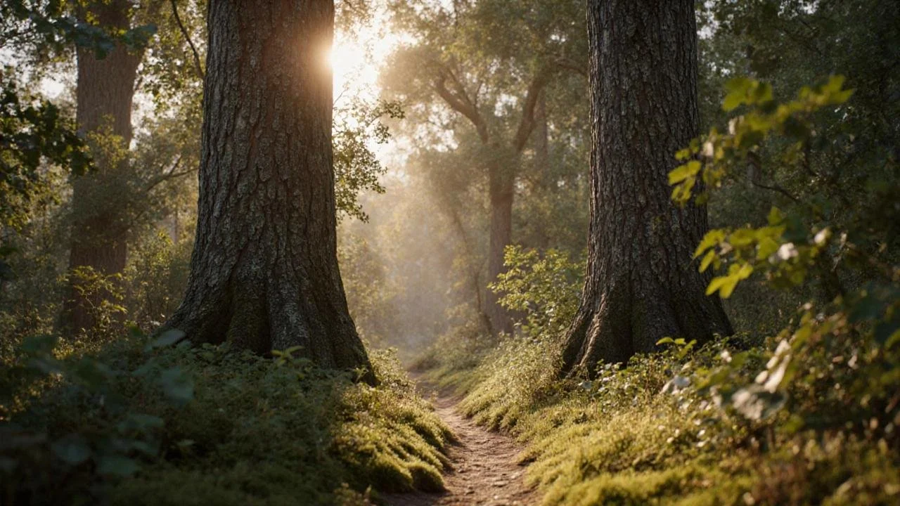 Forest path illuminated by filtered sunlight, symbolizing the lifelong journey of reflection, discovery, and awakening.