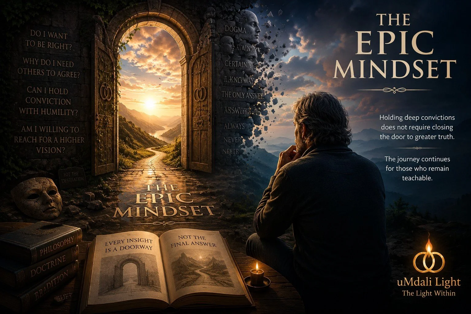 A contemplative traveler sits before an ancient stone doorway opening onto a sunlit mountain path. An open book, candle, and weathered stone faces symbolize reflection, humility, and the search for wisdom.