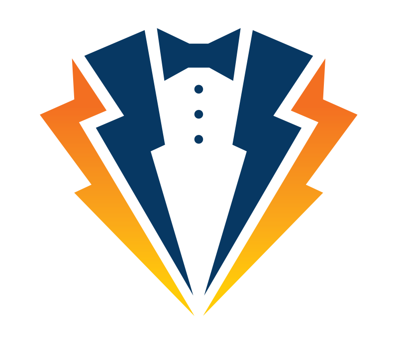 An illustration of a tuxedo with a bow tie, designed in a superhero style with blue and orange colors and a lightning bolt motif.