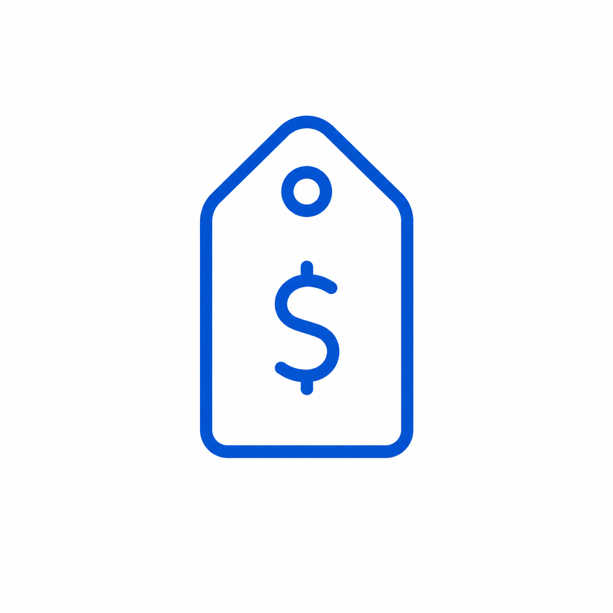 Blue outline of a price tag with a dollar sign in the center.