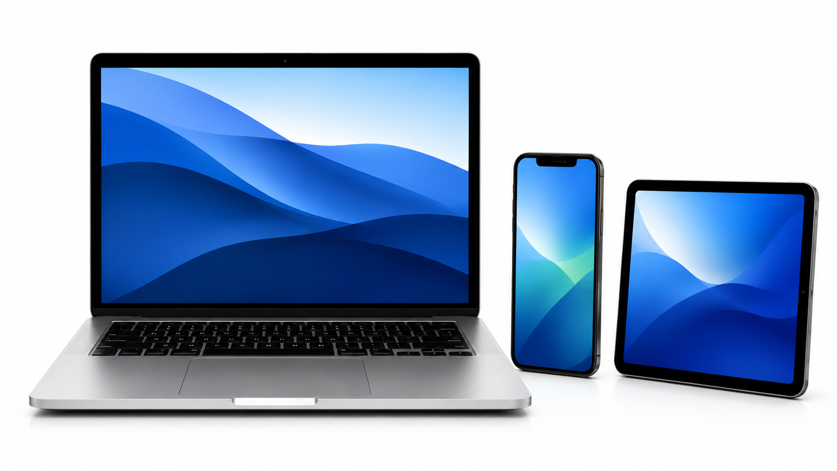 A silver laptop with a blue abstract screensaver, a black iPhone with a blue and green screensaver, and a black iPad with a blue abstract screensaver, all on a white background.