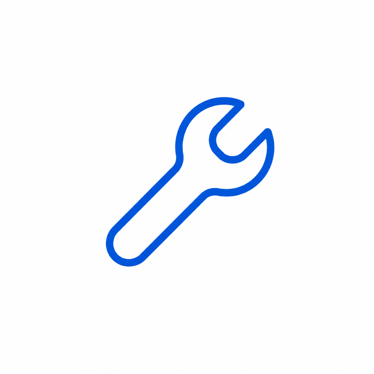 Blue outline of a wrench on a white background.
