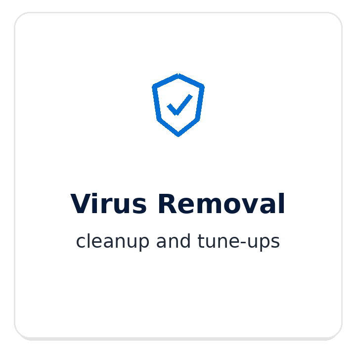 Graphic indicating virus removal services, including cleanup and tune-ups, featuring a shield icon with a checkmark.
