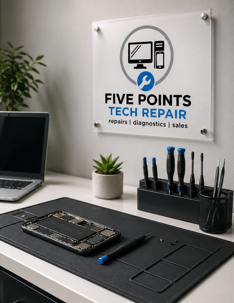 A workspace with a sign that reads 'Five Points Tech Repair' and shows services like repairs, diagnostics, and sales. The desk has a laptop, a potted plant, a device with its back removed, and various screwdrivers and tools for tech repair.