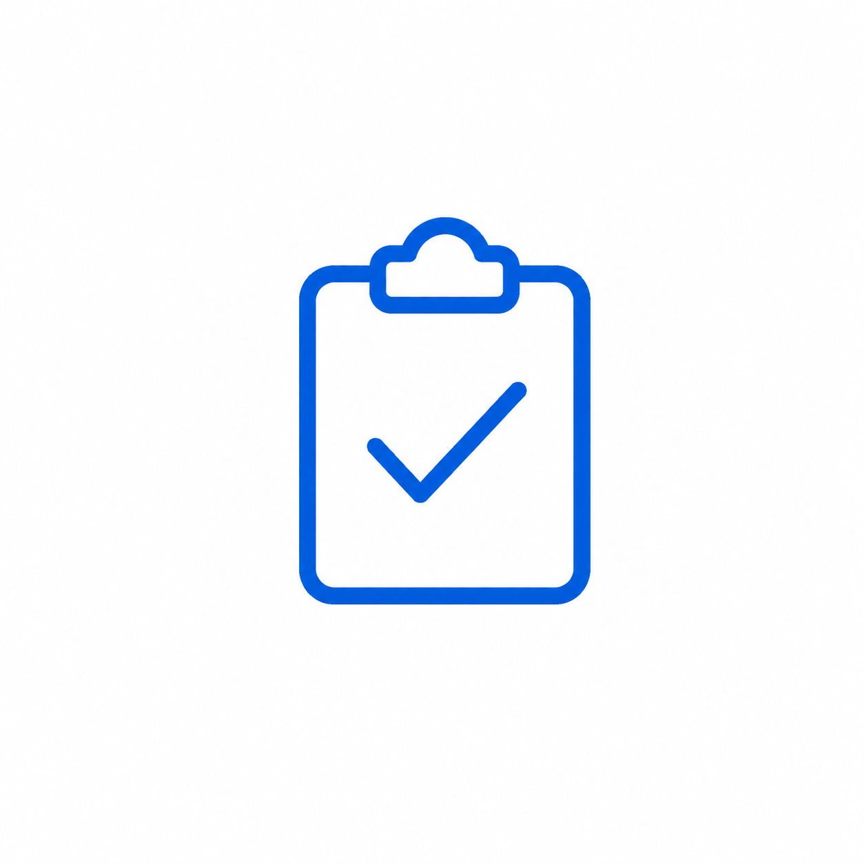 Blue outline of a clipboard with a checkmark.