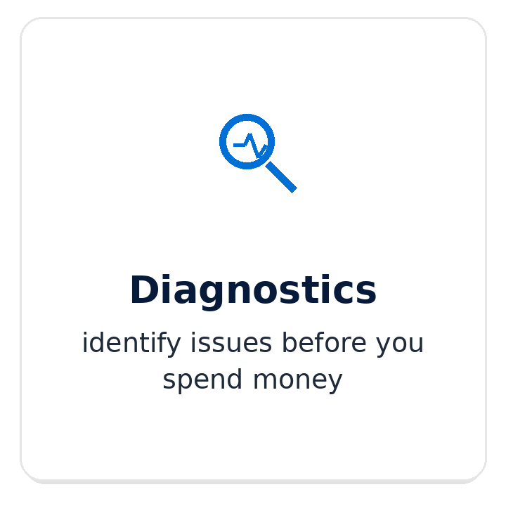Illustration of a magnifying glass with a pulse line inside, representing diagnostics, with the text 'Diagnostics identify issues before you spend money'.