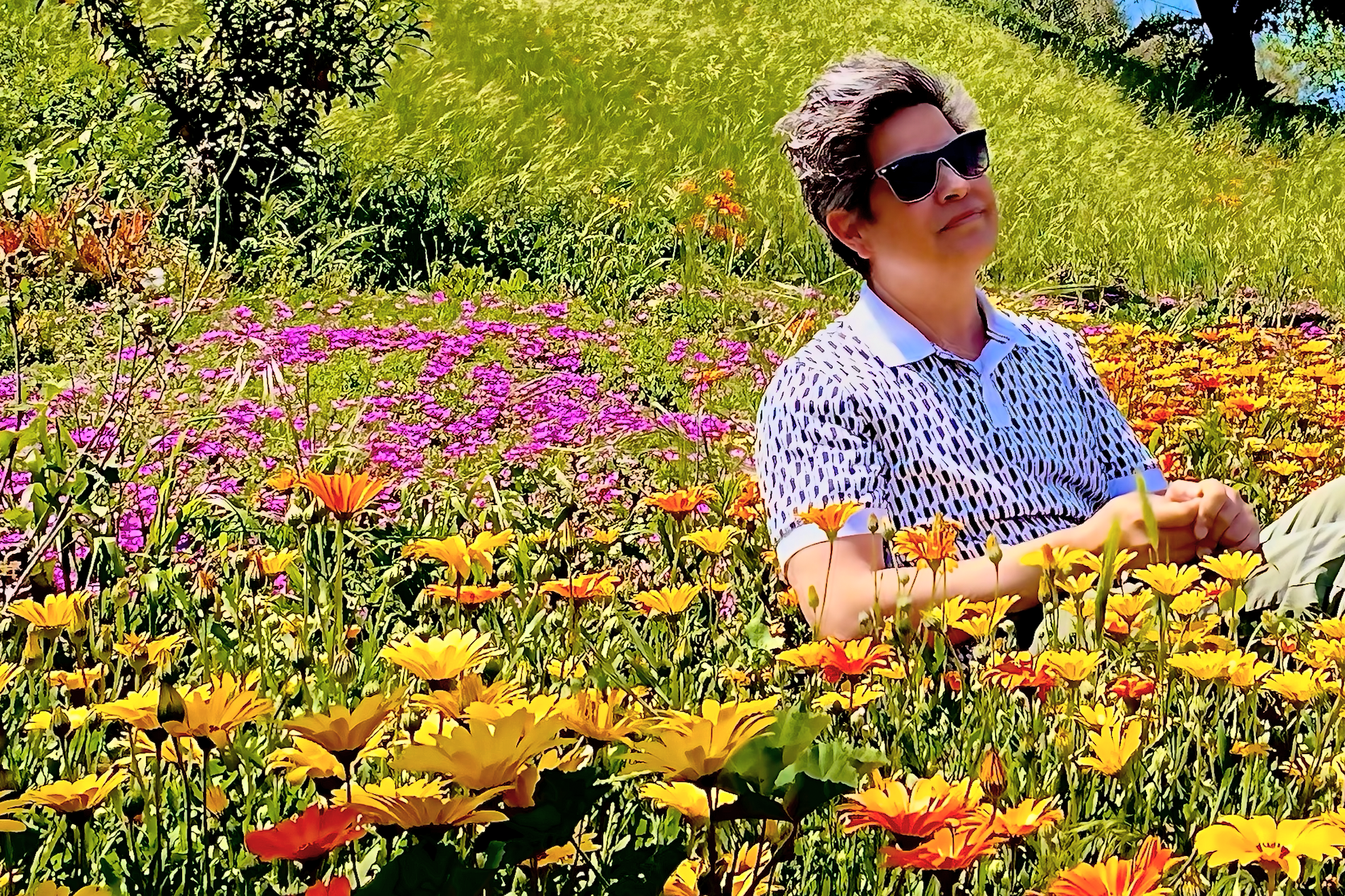 A person wearing sunglasses and a patterned shirt sitting among colorful flowers in a garden with green trees in the background.
