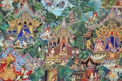 Colorful painting of a traditional Thai or Southeast Asian temple complex with pagodas, mythological creatures, and lush greenery.