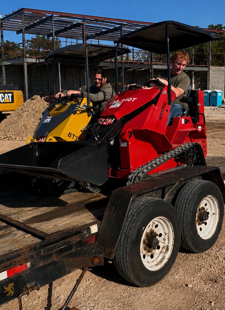 Two men riding on a red and yellow compact bulldozers on a flatbed trailer in a construction site with a building under construction and portable toilets in the background.