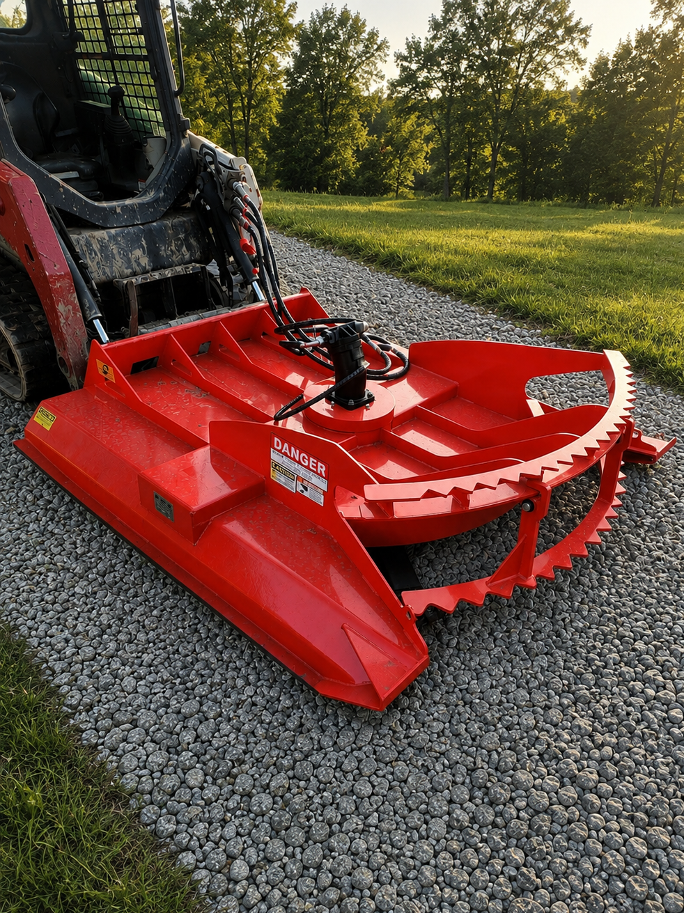 A red industrial mower attachment connected to a skid-steer loader on a gravel path, with grass and trees in the background during sunset.