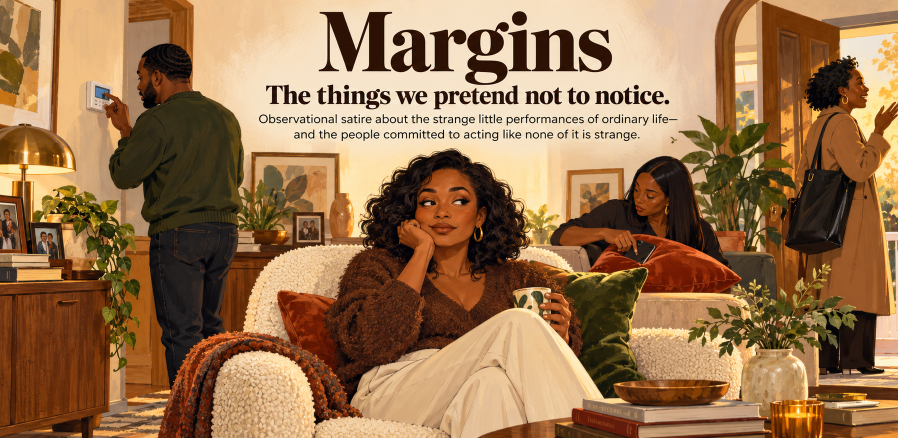 Margins. The things we pretend not to notice. Observational satire about the strange little performances of ordinary life—and the people committed to acting like none of it is strange. A woman quietly observes a living room as a man adjusts the thermostat, another woman conceals her phone, and a guest lingers in the doorway.