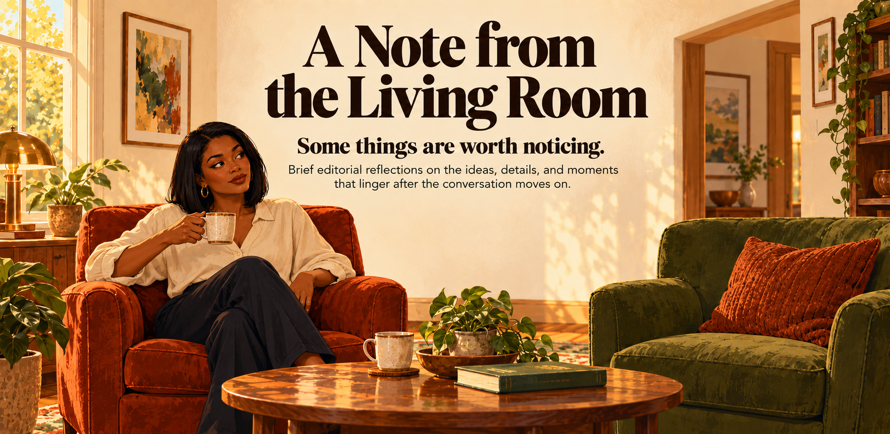 A Note from the Living Room. Some things are worth noticing. Brief editorial reflections on the ideas, details, and moments that linger after the conversation moves on. Illustration of a woman holding a cup beside an empty chair in a warm living room.