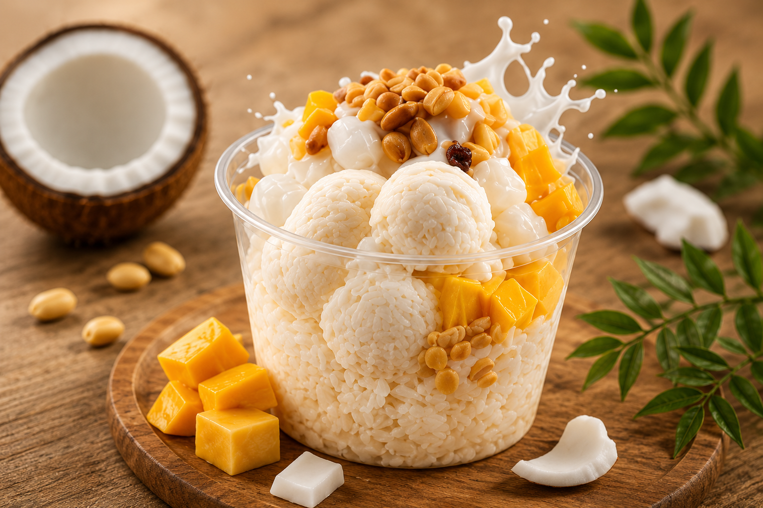 A cup of Thai sticky rice topped with assorted toppings including diced mango, coconut milk, mung beans, and other colorful ingredients, on a wooden surface with scattered coconut pieces and green leaves in the background.
