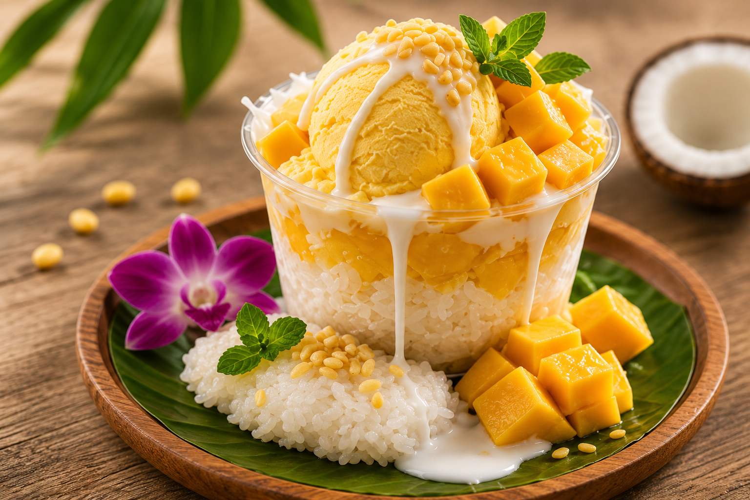 Mango sticky rice dessert with mango chunks, coconut milk, and a scoop of mango sticky rice topped with white sauce and sesame seeds, garnished with mint and a purple orchid, served on a wooden tray.