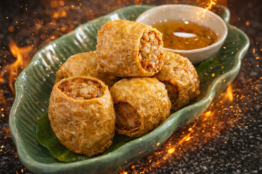 Five fried egg rolls served on a green ceramic dish with a small bowl of dipping sauce.
