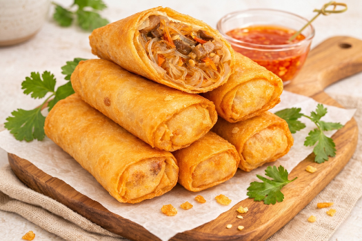 Five fried spring rolls, with one cut open to show filling of vegetables and meat, served on a wooden board with cilantro and a side of dipping sauce.