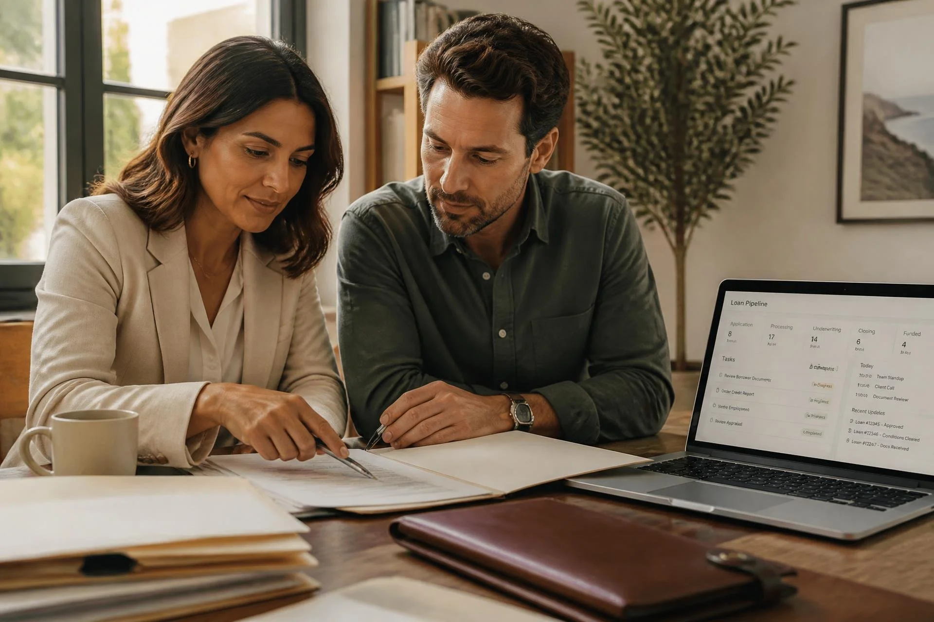 Two people, a woman and a man, are sitting at a desk examining documents together, with a laptop displaying a loan pipeline on the screen and a coffee mug nearby.